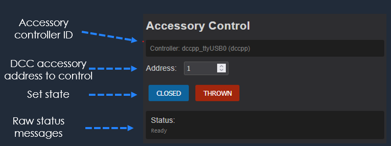PanelsDCC Connect screen showing how to test an accessory