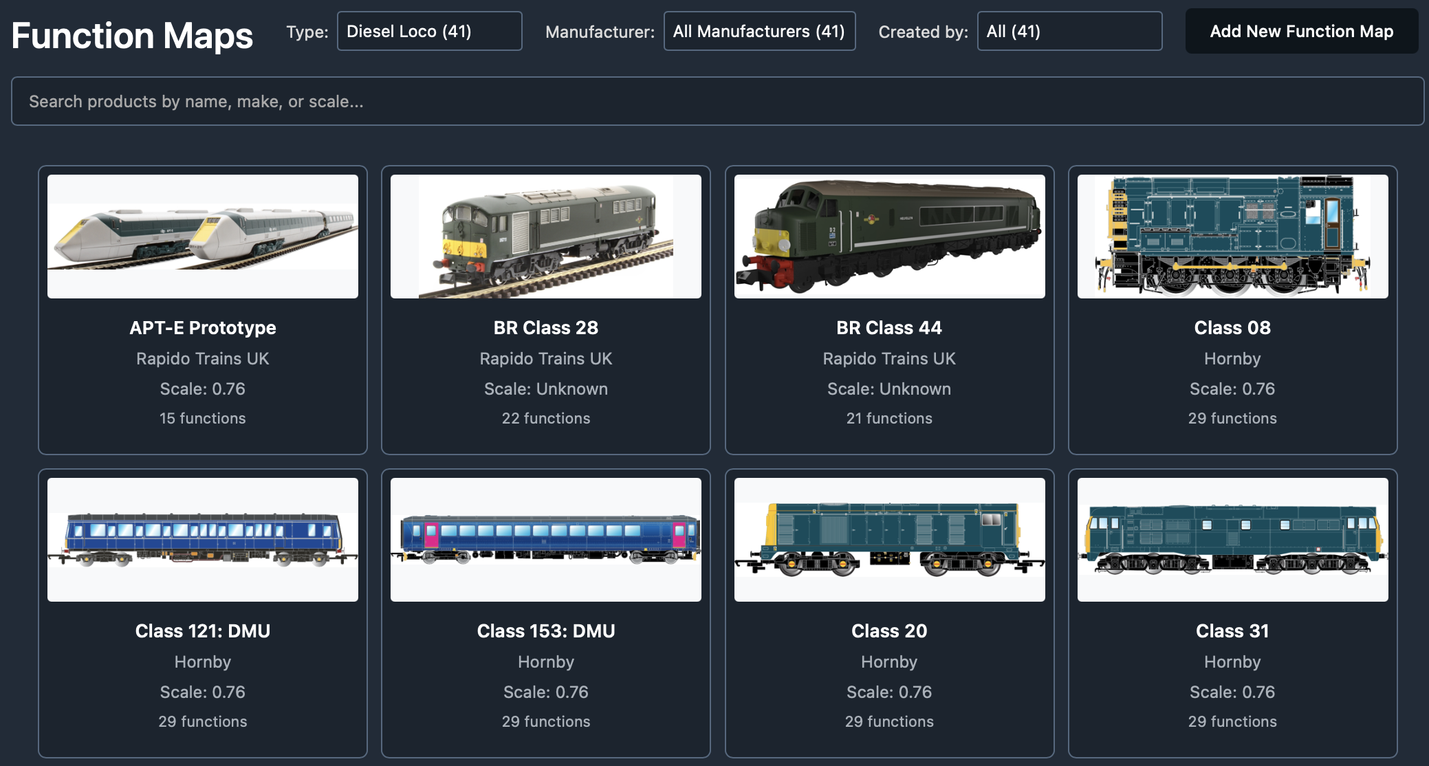 Function Maps library with type, manufacturer, and created-by filters, search, and map cards