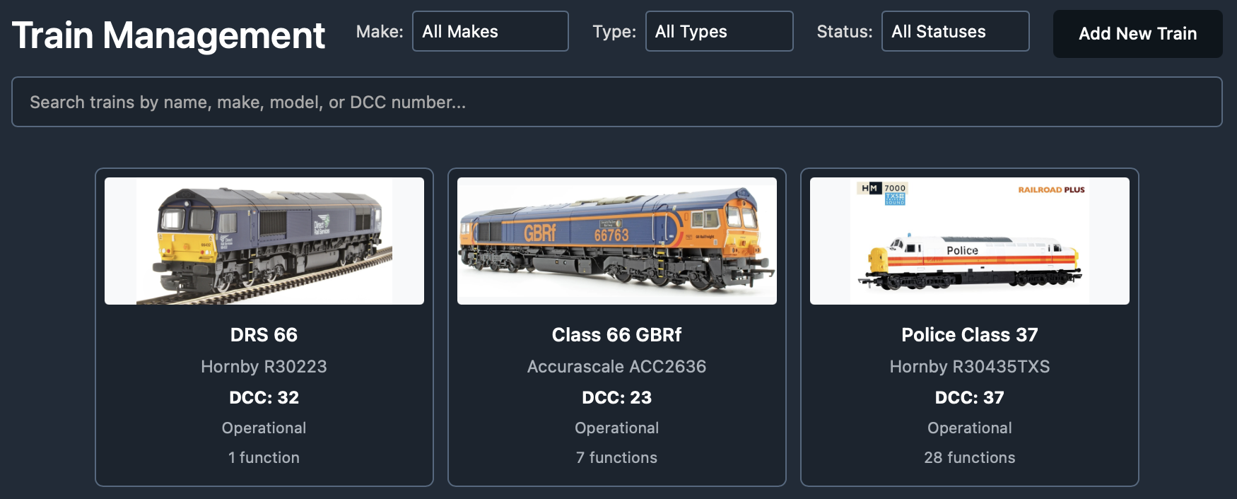 Train Management list with search, filters, and train cards