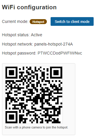 PanelsDCC Connect Wi-Fi mode screen with hotspot QR code